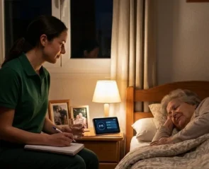 Imagen de auxiliar de Servicios Globales Kelly velando el sueño de un anciano