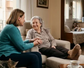 Imagen de auxiliar de Servicios Globales Kelly cuidando a una anciana