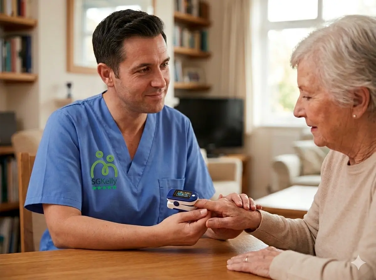 Auxiliar de Sewrvicios Globales Kelly tomando saturación de oxígeno a anciana