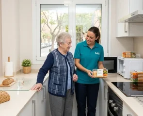 Auxiliar preparando comida para una anciana